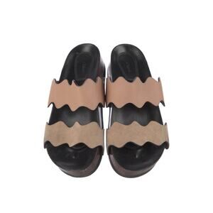 Authentic Chloe Carrara Scalloped slide sandal Tan/Gray Size 37